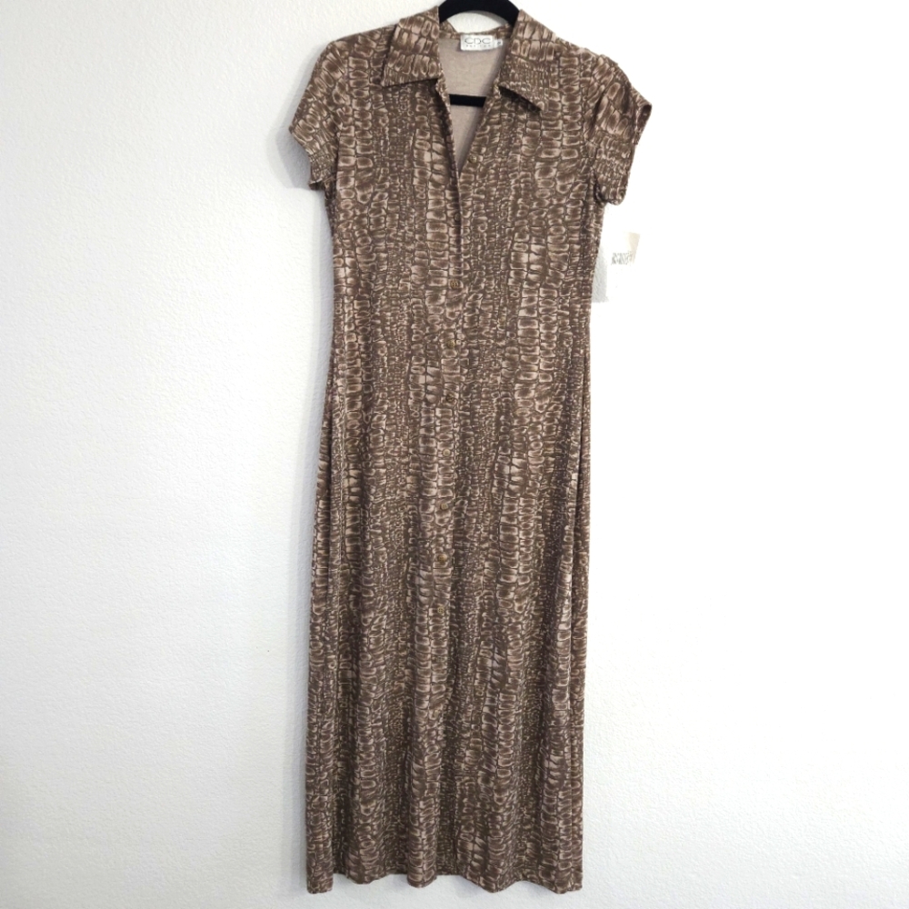 VTG 90s CDC Petites Size 8 Dress Reptile Print Button Up Polo Collar Slinky Feel